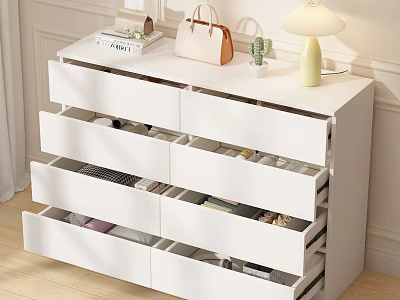White Modern Chest of Drawers With Open Storage Drawers And Decorative Items On Top 3d model