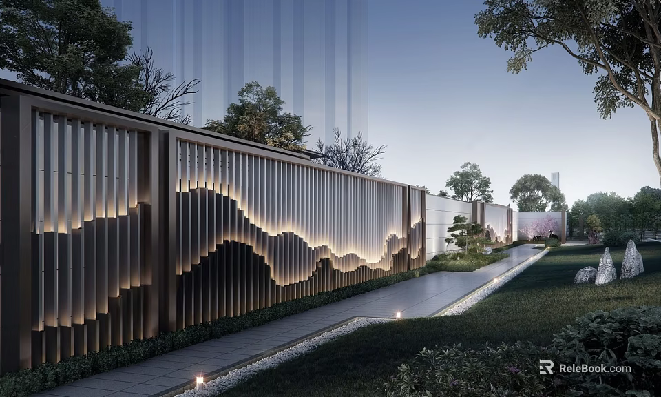 Modern Scenic Wall Design With Linear Lighting Garden Pathway And Green Plants Trees 3d model 