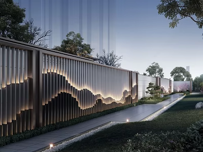 Modern Scenic Wall Design With Linear Lighting Garden Pathway And Green Plants Trees 3d model