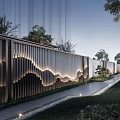 Modern Scenic Wall Design With Linear Lighting Garden Pathway And Green Plants Trees