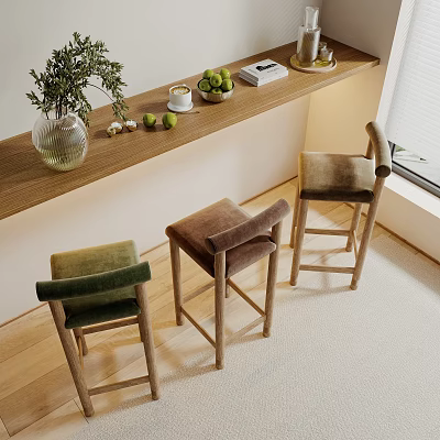 Modern Bar Stools With Velvet Seats Wooden Legs In Green Brown Beige For Kitchen Counter 3d model