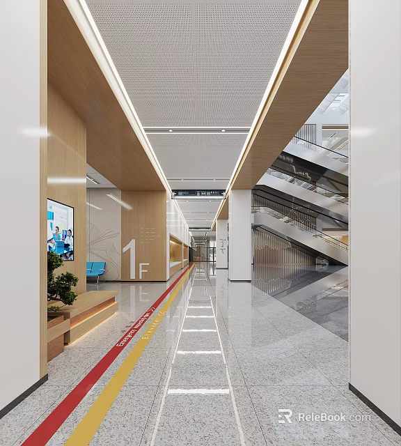 Modern Hospital Outpatient Clinic Lobby With Escalator Seating And Signage 3d model 