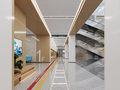 Modern Hospital Outpatient Clinic Lobby With Escalator Seating And Signage 3d model