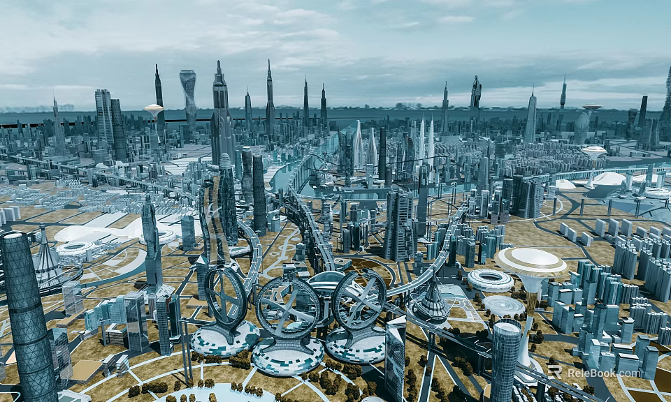 Modern Swing Doors In Futuristic Sci Fi City With Skyscrapers And Suspended Buildings 3d model 