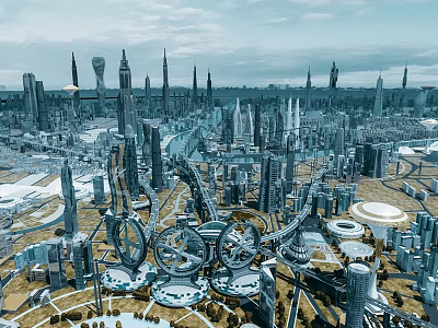 Modern Swing Doors In Futuristic Sci Fi City With Skyscrapers And Suspended Buildings 3d model
