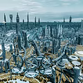 Modern Swing Doors In Futuristic Sci Fi City With Skyscrapers And Suspended Buildings
