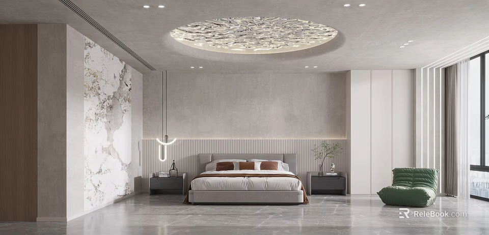 Modern Bedroom Interior With Round Ceiling Design Gray Walls Bed Nightstands And Green Plant 3d model 