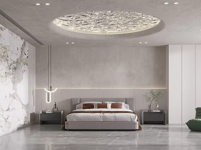 Modern Bedroom Interior With Round Ceiling Design Gray Walls Bed Nightstands And Green Plant 3d model
