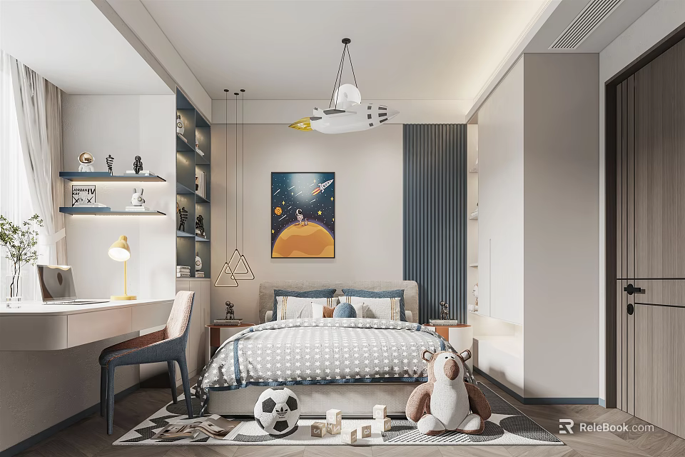 Kids Room Interior Design With Bed Pillows Space Wall Art Desk Chair And Toys 3d model 