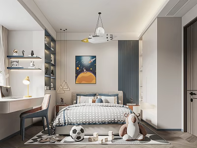 Kids Room Interior Design With Bed Pillows Space Wall Art Desk Chair And Toys 3d model
