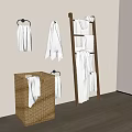 Wooden Bathroom Rack with Hanging White Towels and Wicker Laundry Basket in Modern Bathroom
