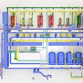 Industrial Equipment Facility Layout With Colorful Piping Systems And Components