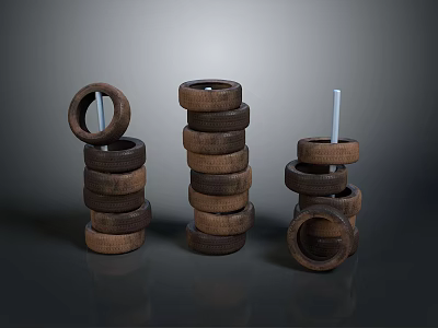 Multiple Stacked Tires in Various Pile Arrangements on Dark Background 3d model