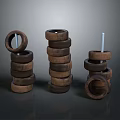 Multiple Stacked Tires in Various Pile Arrangements on Dark Background