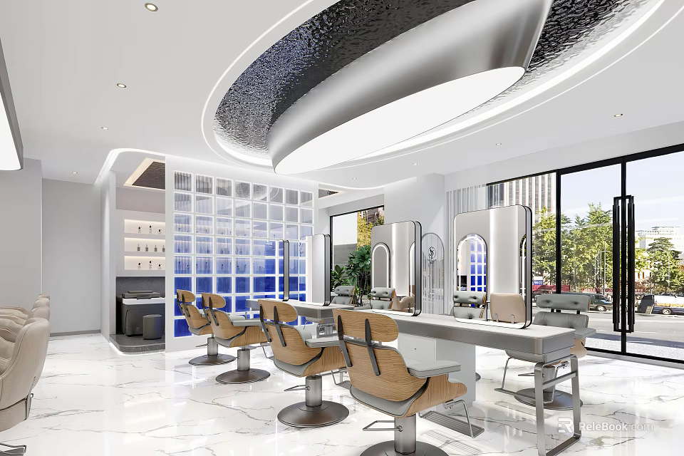 Modern Beauty Hair Salon Interior With Styling Chairs Mirrors Workstations And Bright Lighting 3d model 