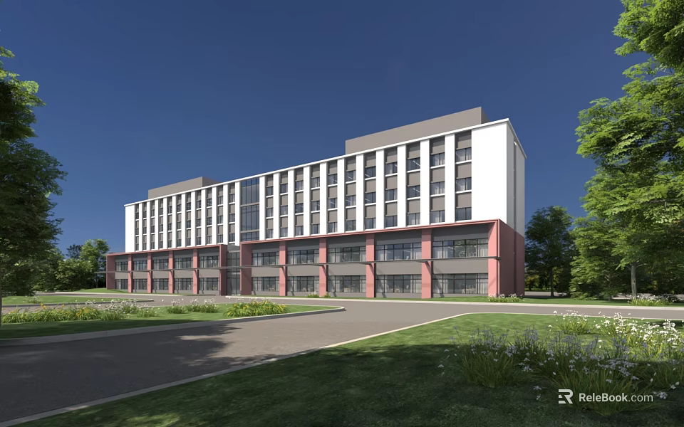 Modern Office Building with White and Red Exterior Surrounded by Green Lawns and Trees 3d model 
