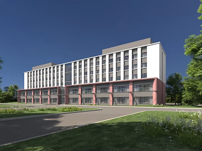 Modern Office Building with White and Red Exterior Surrounded by Green Lawns and Trees 3d model