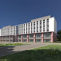 Modern Office Building with White and Red Exterior Surrounded by Green Lawns and Trees