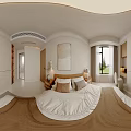 Modern Living Dining Room With Beige Sofa Wooden Bookshelf and Floor to Ceiling Window