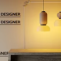 Modern Bar Counter with Stone Surface Two Bar Stools and Hanging Pendant Lights 3d model