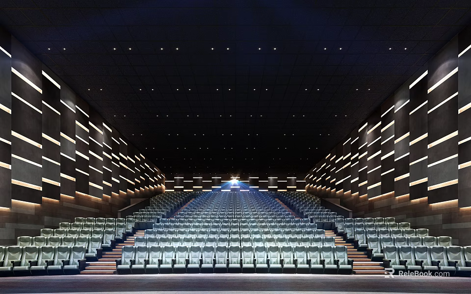 Modern Cinema Interior With Rows of Comfortable Seats And Ambient Lighting Design 3d model 
