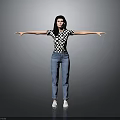 Cute Child Standing With Arms Outstretched In Checkered Top Blue Jeans And White Shoes