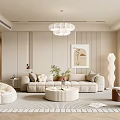 Modern Living Room Interior With Beige Sofa Round Coffee Table Chandelier Carpet And Green Plants