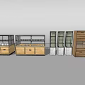 Various Stylish Display Shelves With Wooden Bodies And Glass Fronts For Retail Stores