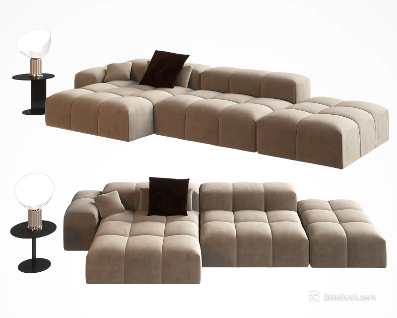 Modern Beige Modular Sectional Sofa With Square Cushions And Accent Lamp Side Table 3d model