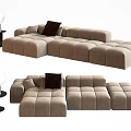 Modern Beige Modular Sectional Sofa With Square Cushions And Accent Lamp Side Table 3d model