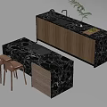 Modern Bar Counter With Black Marble Top Wooden Cabinets Brown Stools Sink Plant Fruit Tray