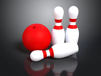 Red Bowling Ball With White Pins In Game Setup On Reflective Surface 3d model