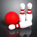 Red Bowling Ball With White Pins In Game Setup On Reflective Surface