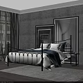 Black Metal Double Bed With Curved Railings White Sheets Blue Blanket Mirror And Nightstand
