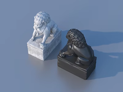 Detailed Sculpture Carving Two Lion Statues With Different Colors On Pedestals 3d model