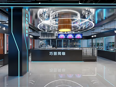 Modern Qiaoli Cybercafe Interior With High Tech Lighting And Counter 3d model
