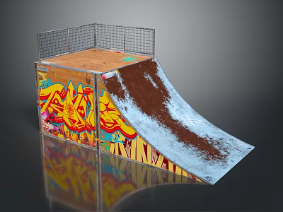 Skateboard Ramp With Colorful Graffiti Art Metal Mesh And Wooden Base For Home Use 3d model