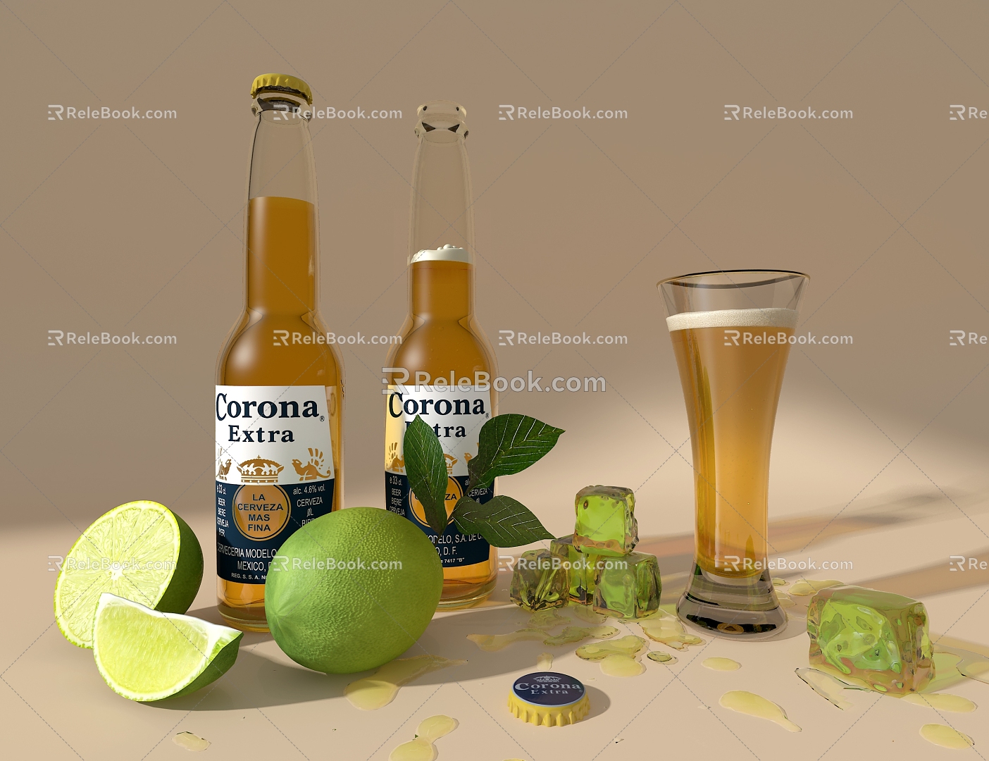 Beer Bottle Wine Glass Ice 3d model