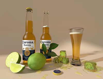 Corona Beer Bottles And Beer Glass With Limes Ice Cubes And Bottle Cap 3d model