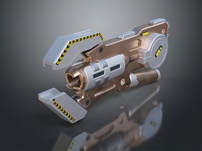 Futuristic Sci Fi Mechanical Weapon 3D Model With Metallic Body Yellow Black Stripes And Barrel 3d model