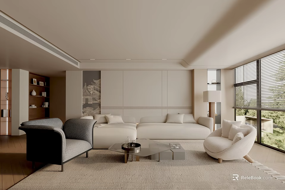 Modern Living Room Interior Design With Light Colored Sofa Coffee Table Bookshelf And Large Window 3d model 