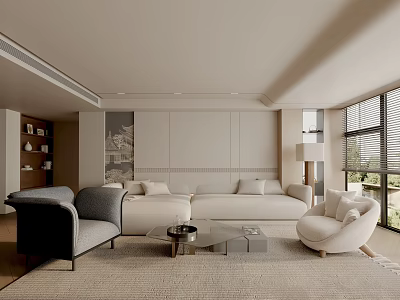 Modern Living Room Interior Design With Light Colored Sofa Coffee Table Bookshelf And Large Window 3d model