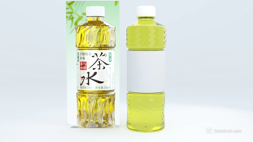 Two Transparent Tea Drink Bottles Featuring Yellow Liquid and Text Labels 3d model 