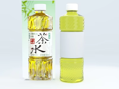 Two Transparent Tea Drink Bottles Featuring Yellow Liquid and Text Labels 3d model