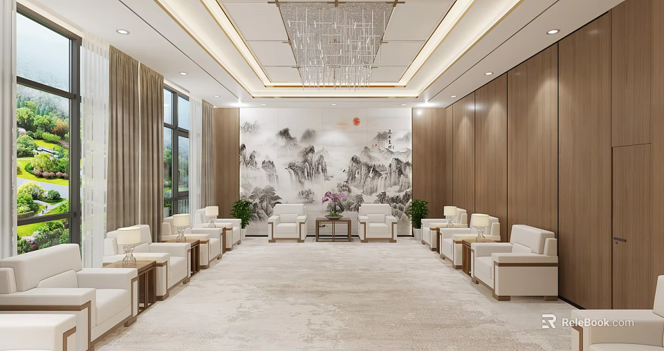 Elegant Chinese Style Meeting Room With Landscape Painting Wall Chandelier And Sofa Seating 3d model 