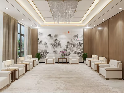 Elegant Chinese Style Meeting Room With Landscape Painting Wall Chandelier And Sofa Seating 3d model