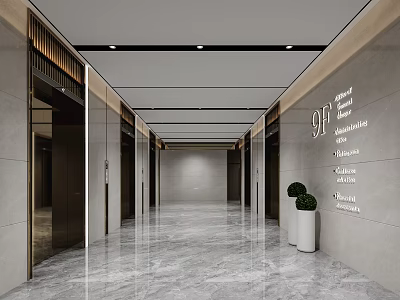 Modern Elevator Hallway With Marble Floor Elevator Doors Wall Signage And Potted Plants 3d model