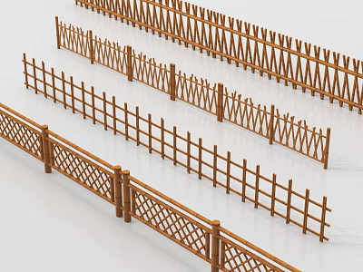 Wooden Fences With Various Designs Including Cross Lattice And Straight Slats In Multiple Rows 3d model