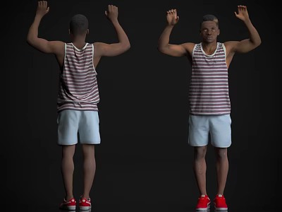 Man In Striped Tank Top Light Blue Shorts And Red Sneakers Raising Arms 3d model