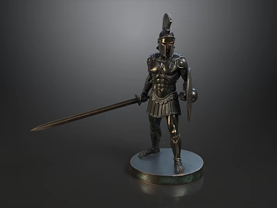 Exquisite Metal Spartan Warrior Statue With Sword Shield And Round Base For Home Art 3d model